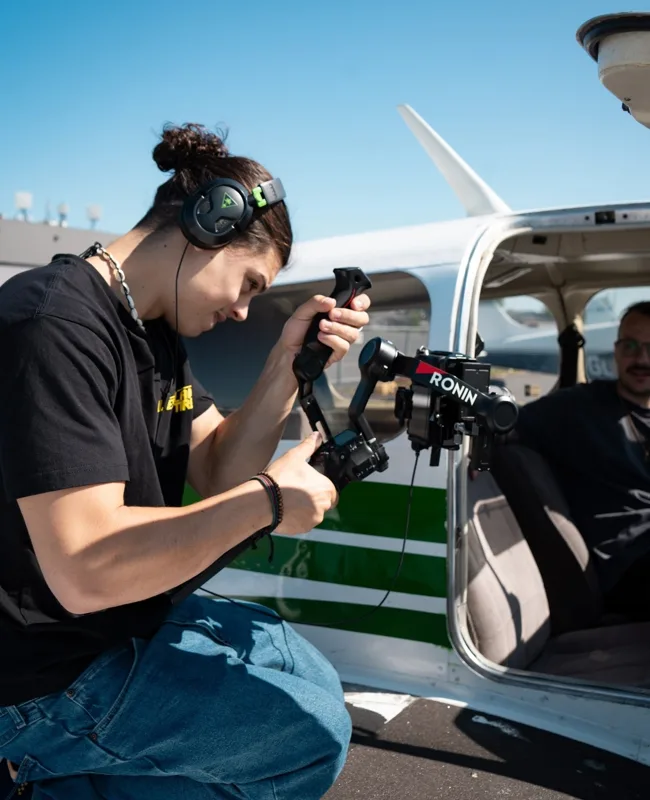Filming aboard a private plane