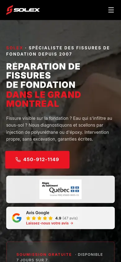 Site fissures-fondation.ca de Solex sur mobile