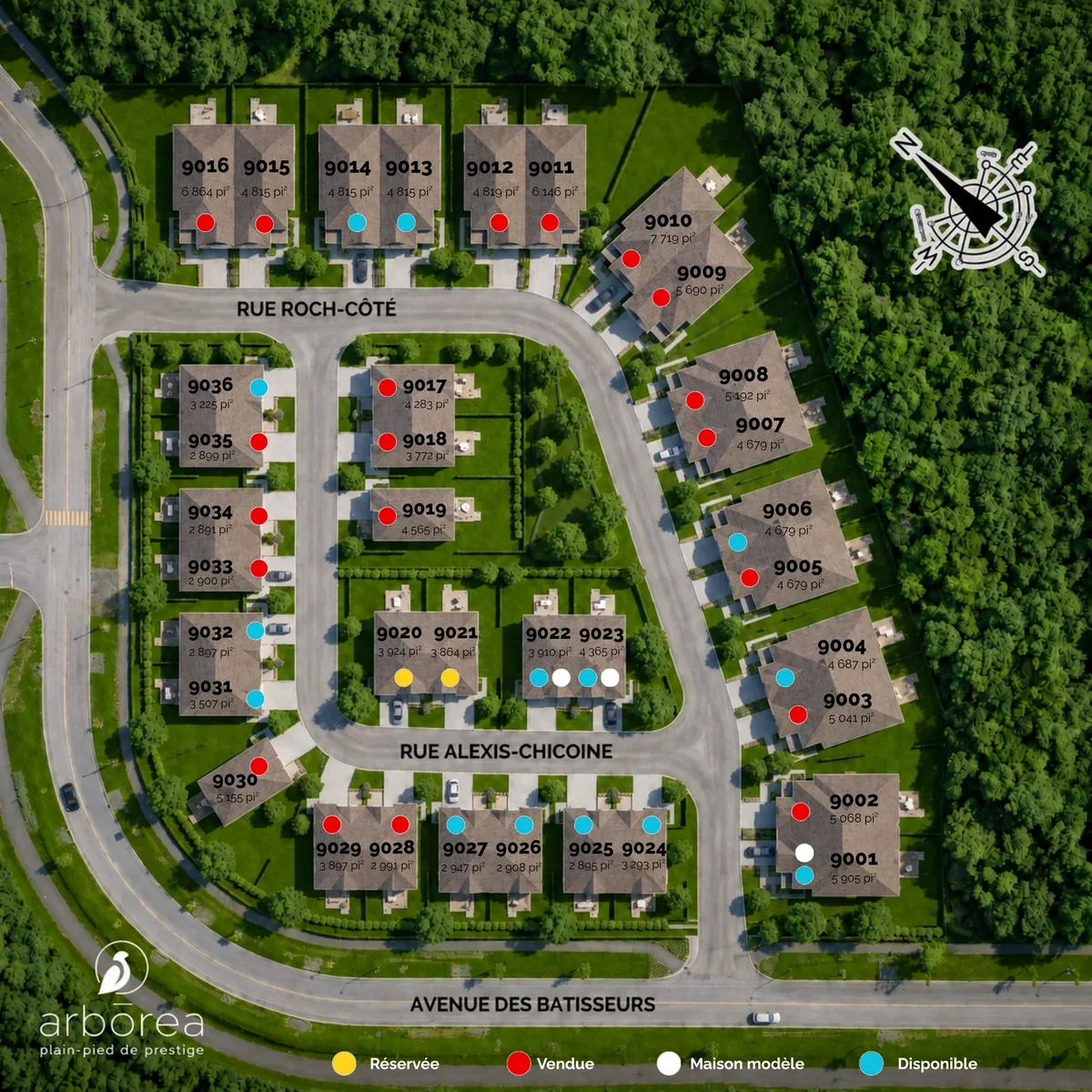 Plan du quartier Arborea à Sainte-Julie : terrains vendus, réservés, disponibles et maisons modèles